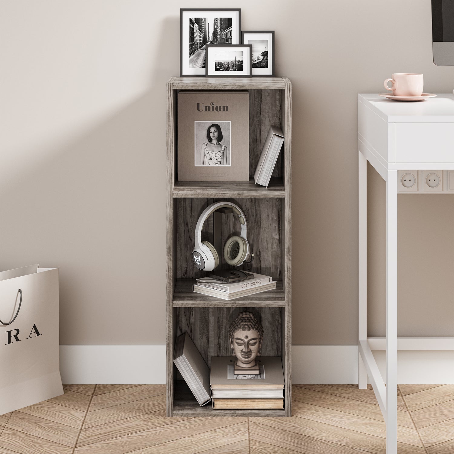 front view of coach wood slimline bookcases holding books and ornaments, ideal for compact living