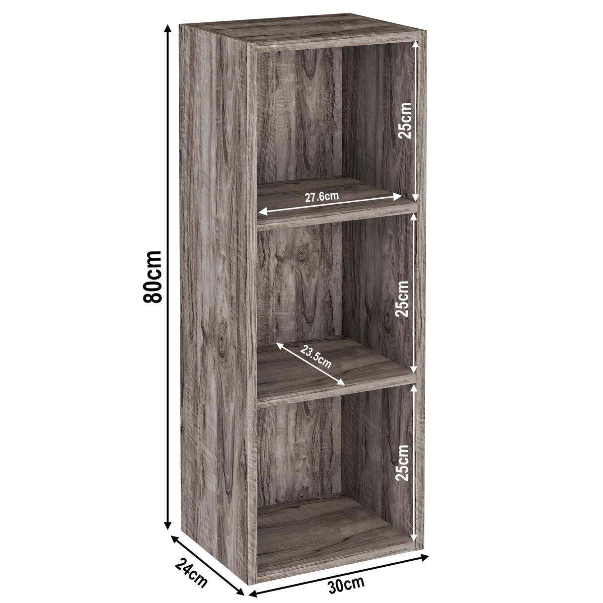 dimensions of 3 tier coach wood book storage, height 80cm and width 30cm. Shelf dimensions: height 25cm and depth 23.5cm