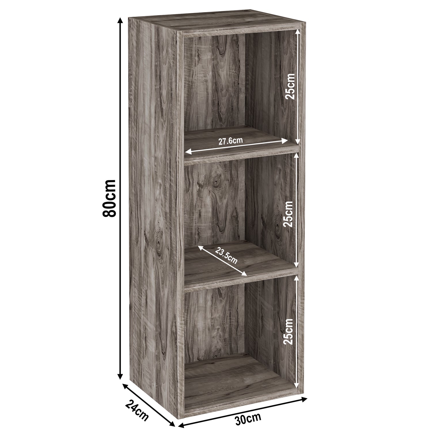 dimensions of 3 tier coach wood book storage, height 80cm and width 30cm. Shelf dimensions: height 25cm and depth 23.5cm