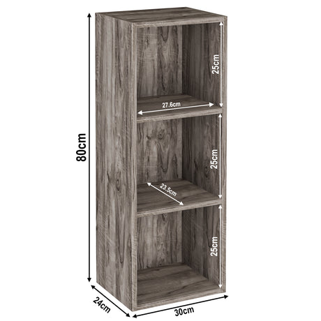 dimensions of 3 tier coach wood book storage, height 80cm and width 30cm. Shelf dimensions: height 25cm and depth 23.5cm