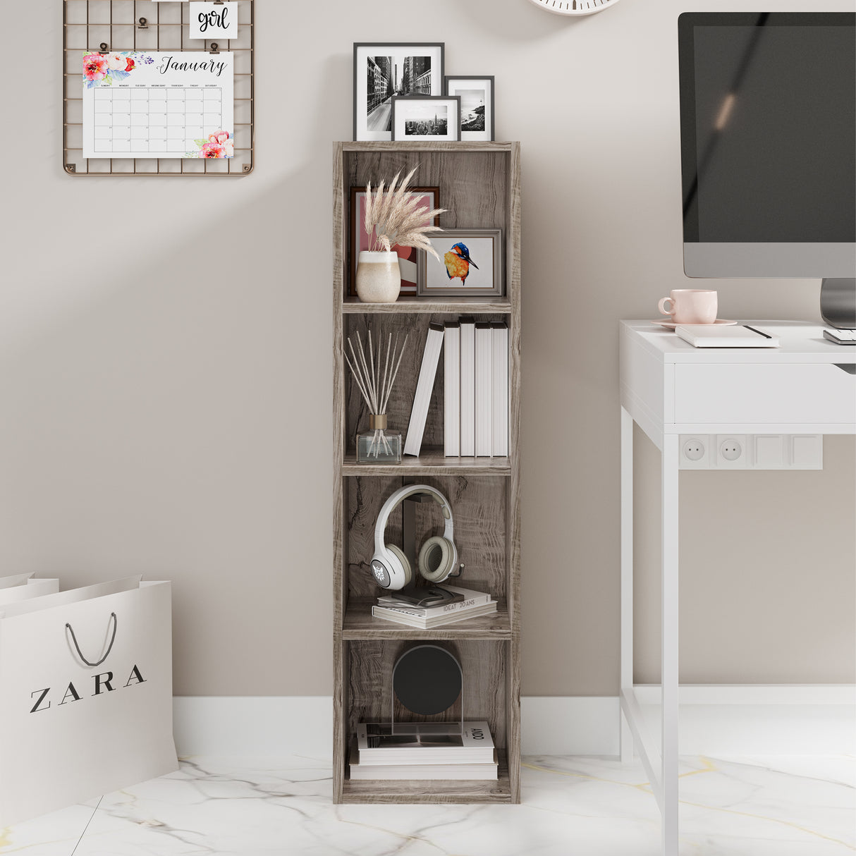 front view of coach wood wooden bookshelf filled with books and decor, perfect for cozy rooms