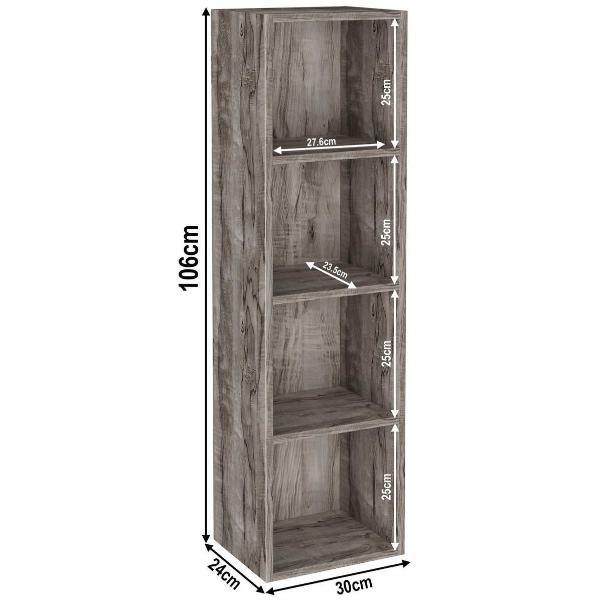 Dimensions of 4 tier coach wood cube unit, height 106cm and width 30cm. Shelf dimensions: height 25cm and depth 23.5cm