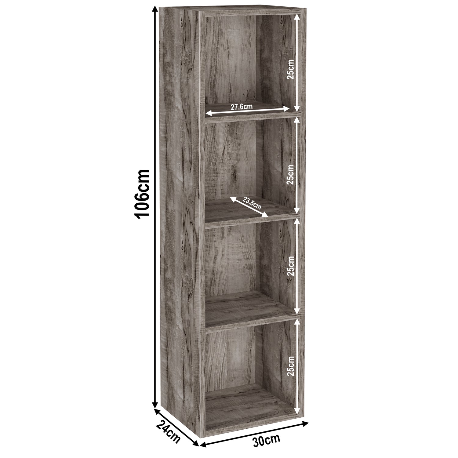 Dimensions of 4 tier coach wood cube unit, height 106cm and width 30cm. Shelf dimensions: height 25cm and depth 23.5cm