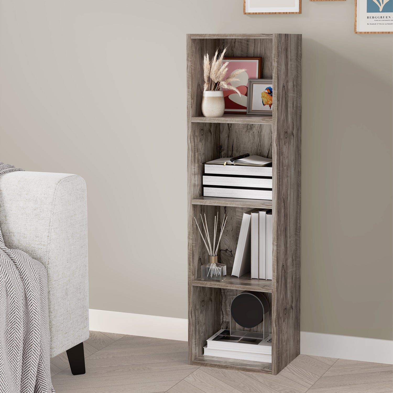 angled front view of 4 tier coach wood cube storage unit holding books and decor for natural warmth