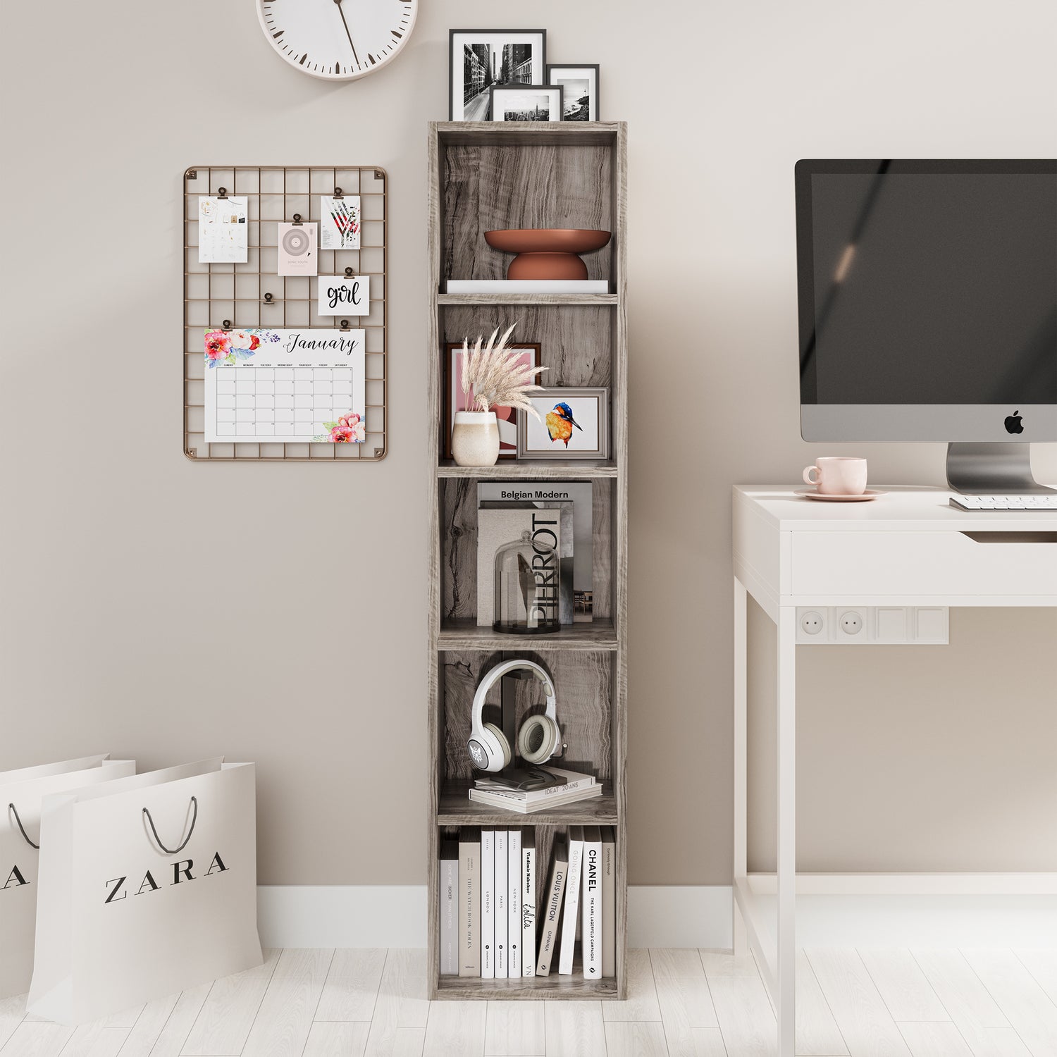 front view of coach wood book shelf filled with books and art ornaments for cozy spaces