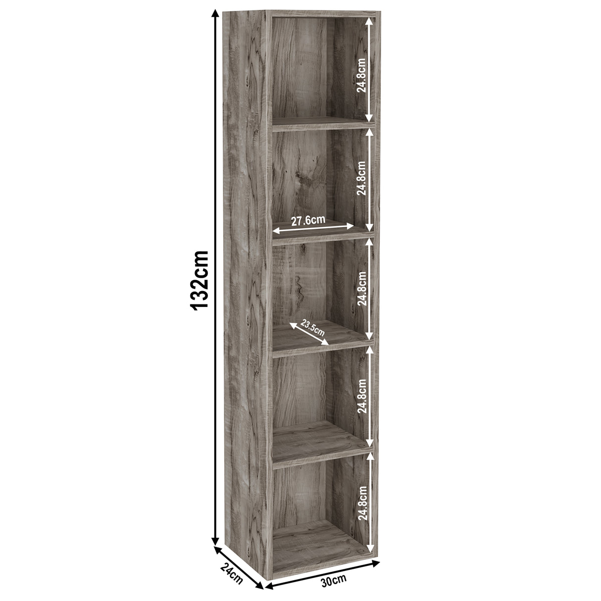 Dimensions 5 shelves coach wood book shelves, height 132cm and width 30cm. Shelf dimensions: height 25cm and depth 23.5cm