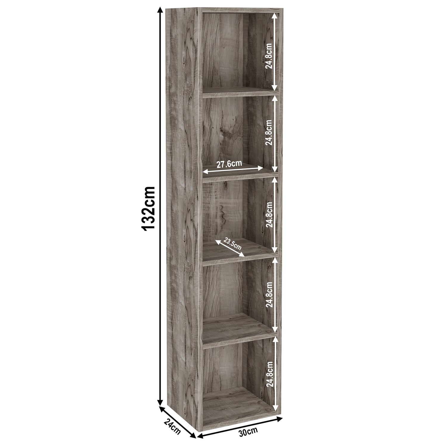 Dimensions 5 shelves coach wood book shelves, height 132cm and width 30cm. Shelf dimensions: height 25cm and depth 23.5cm