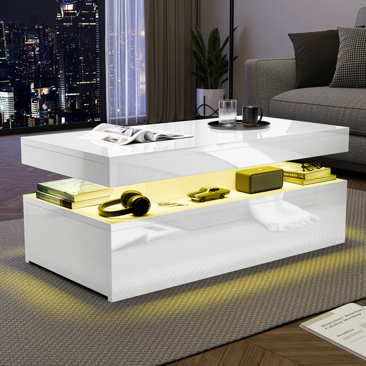 Modern white coffee table with illuminated lower shelf in a living room setting.