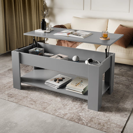 Modern grey lift top coffee table with storage, 100cm wide, featuring hidden compartment and lower shelf, ideal for living rooms.
