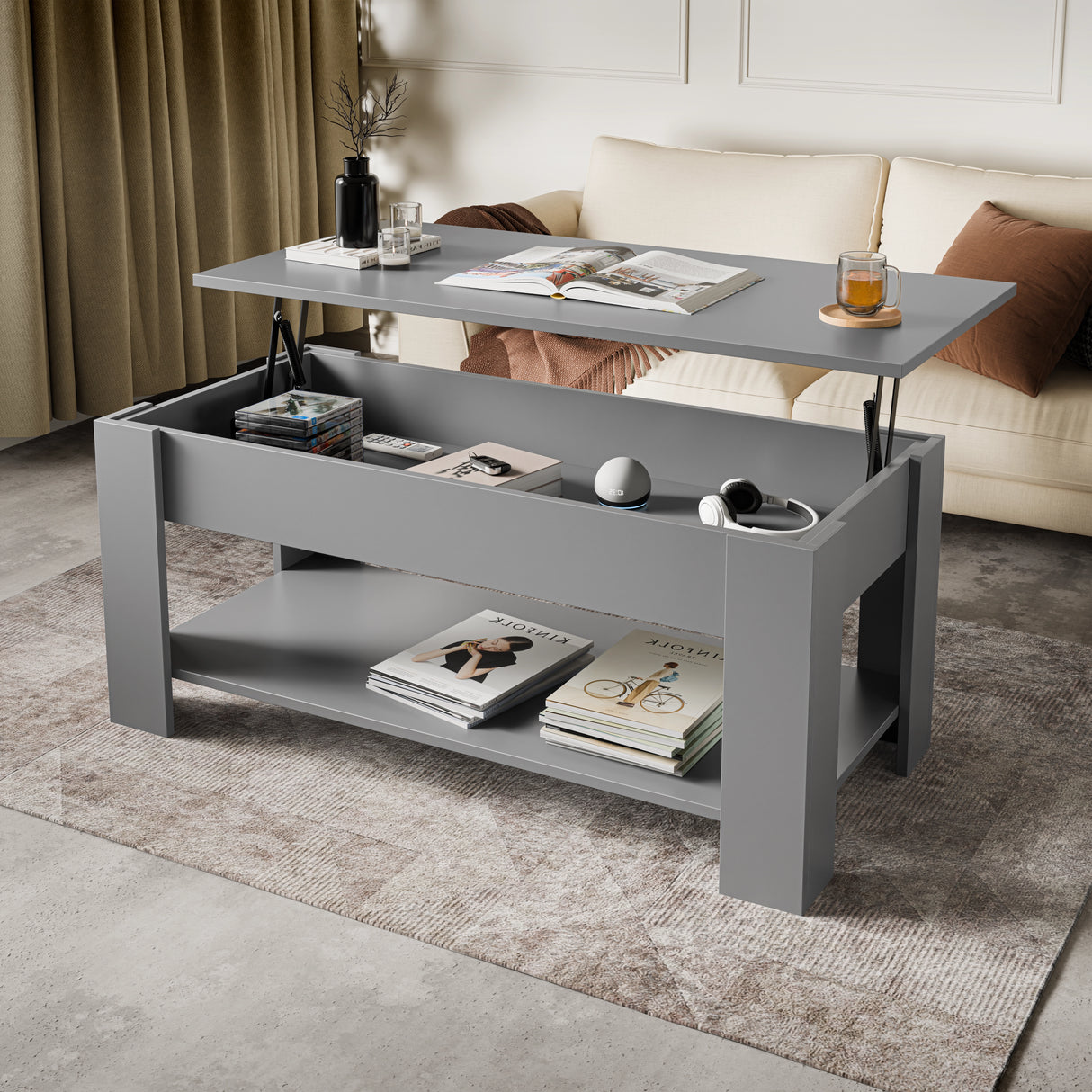 Modern grey lift top coffee table with storage, 100cm wide, featuring hidden compartment and lower shelf, ideal for living rooms.