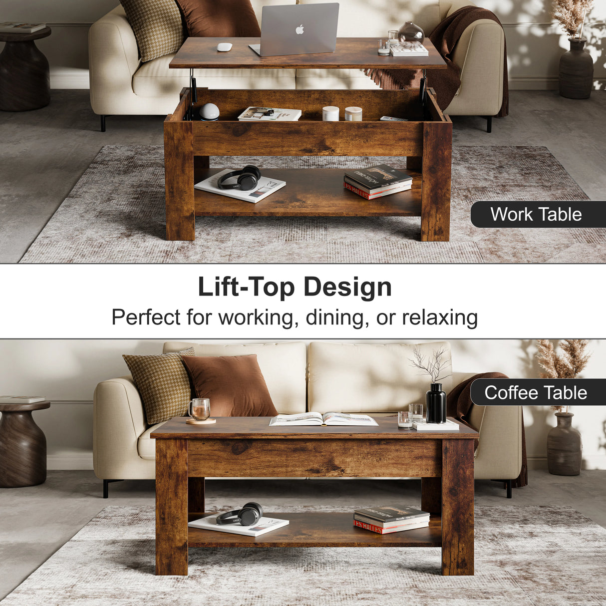 Lift top coffee table with storage in rustic finish, shown in raised position as a work table and lowered as a coffee table in a modern living room.