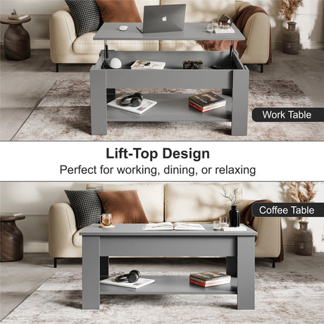 Lift top coffee table with storage in grey finish, shown in raised and closed positions for work and coffee use. 100cm wide modern center table.