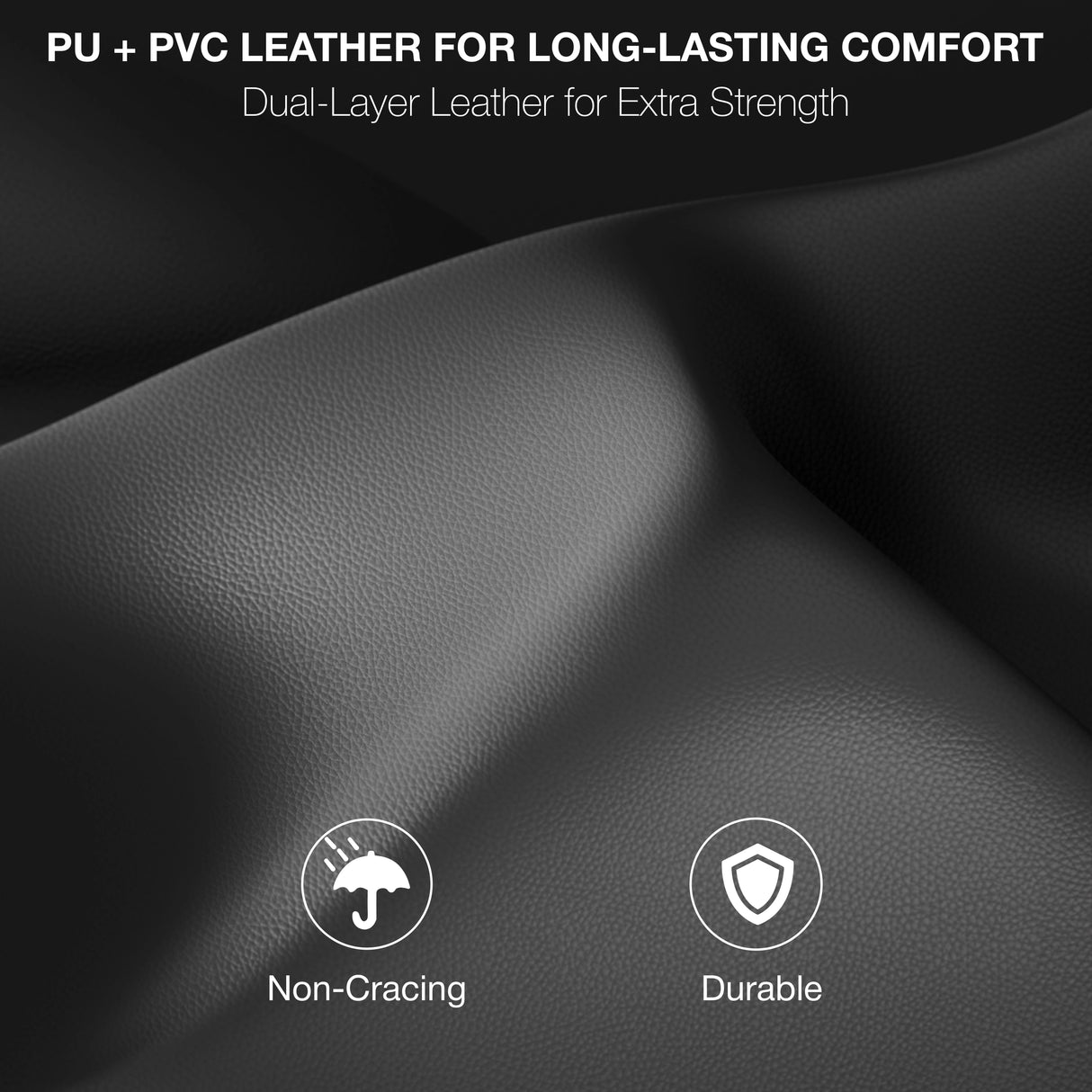 Close-up of PU + PVC leather with text and icons indicating long-lasting comfort and durability.