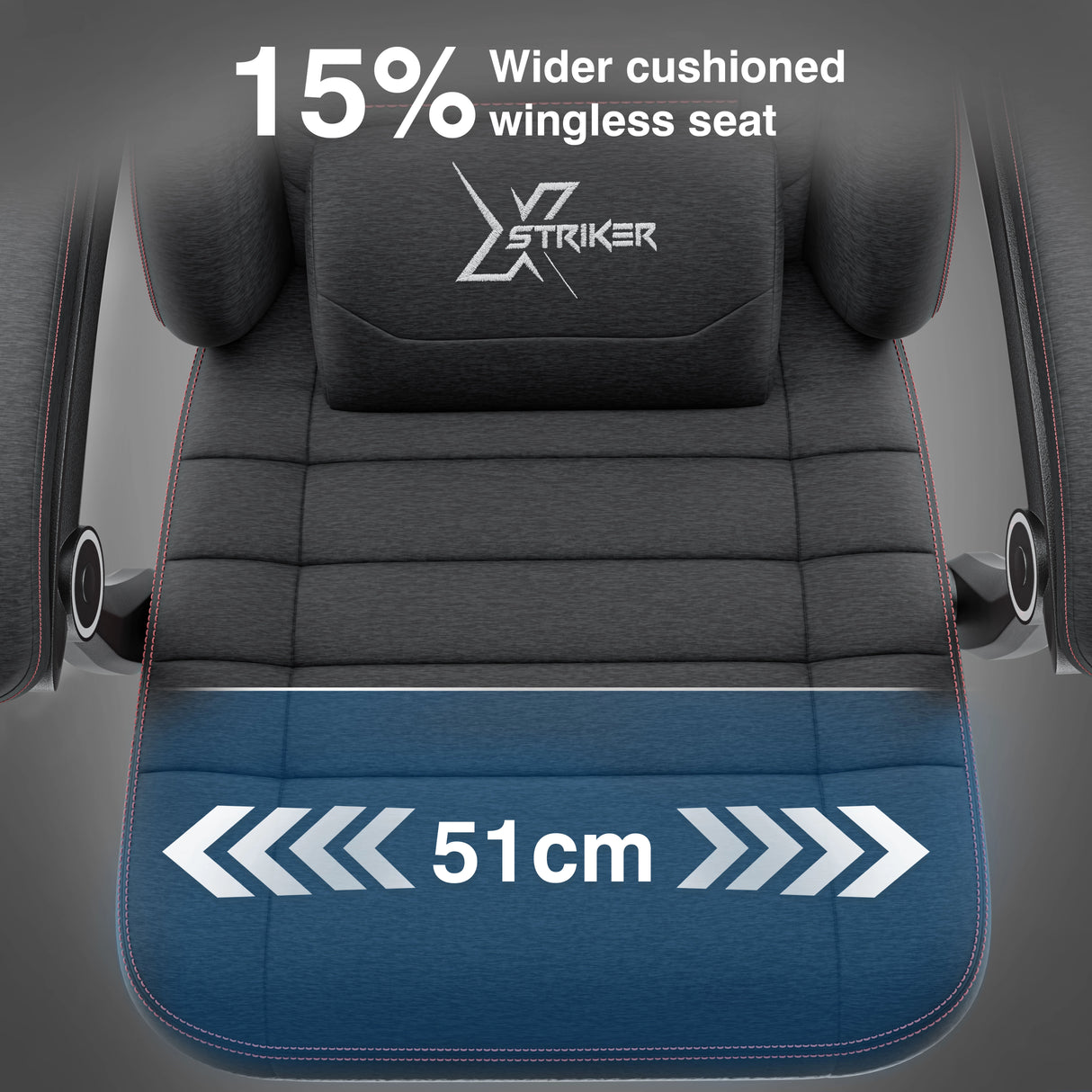 Gaming chair seat with 'Striker' branding and text indicating a wider cushioned wingless seat and measurement of 51 cm.