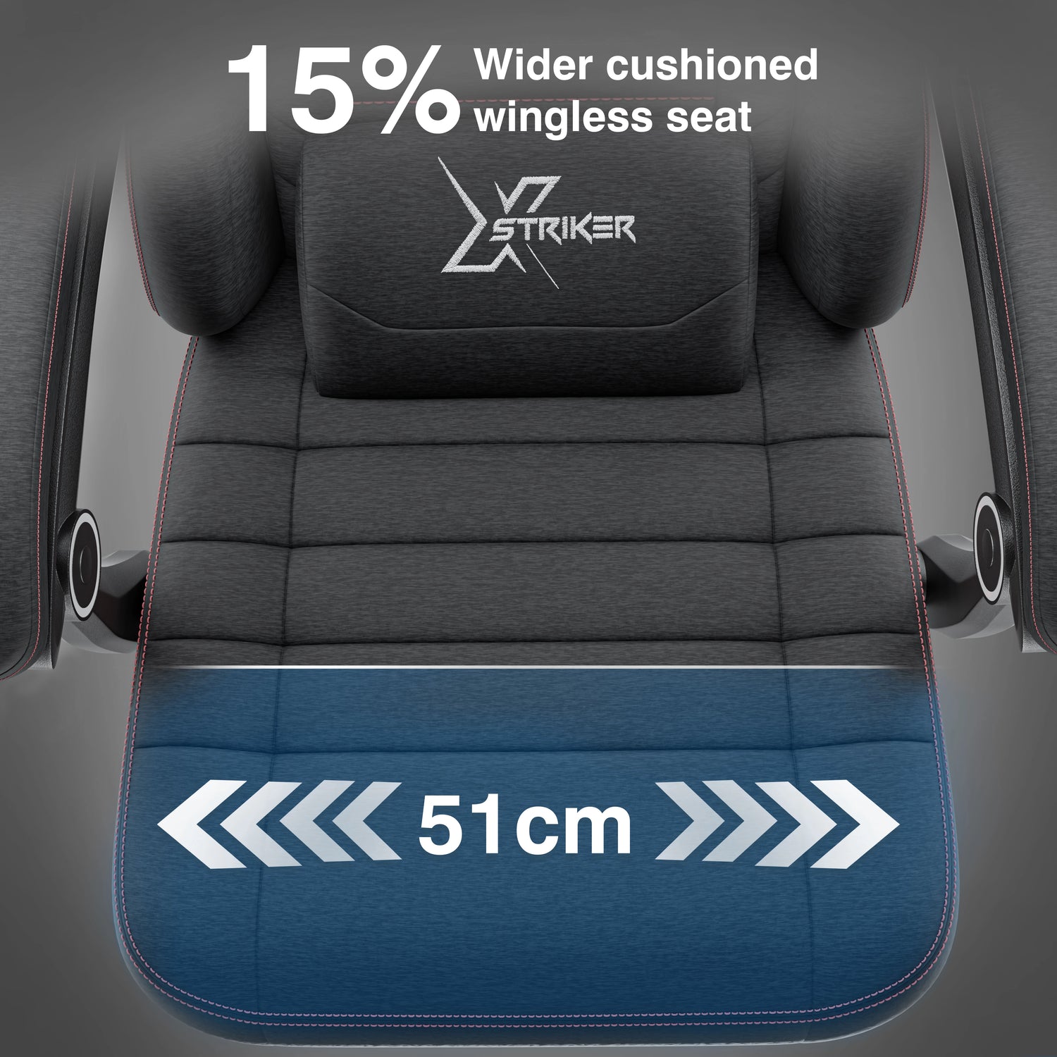 Gaming chair seat with 'Striker' branding and text indicating a wider cushioned wingless seat and measurement of 51 cm.