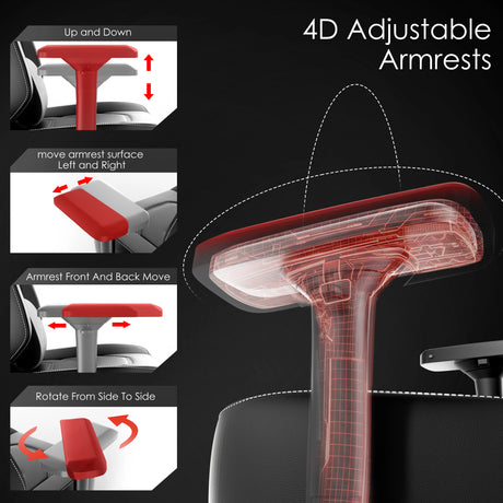 Xstriker Gaming Chair with 4D adjustable armrests showing up/down, side-to-side, front/back, and rotation features for ergonomic support.