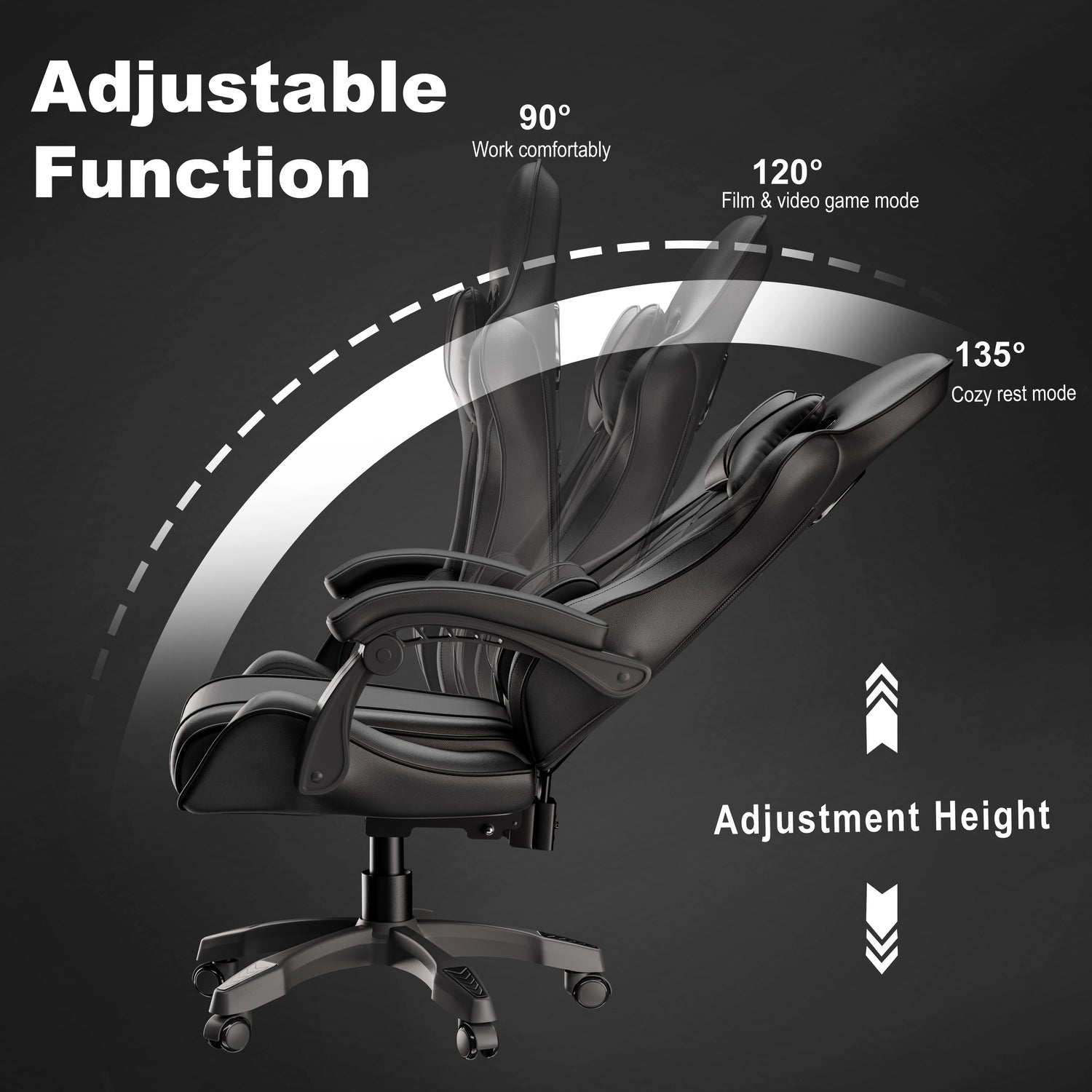 Ergonomic Gaming Chair With Lumbar Support and Padded Armrest | DHS reclines from 90° to 135° with adjustable height for work, gaming, and rest modes.