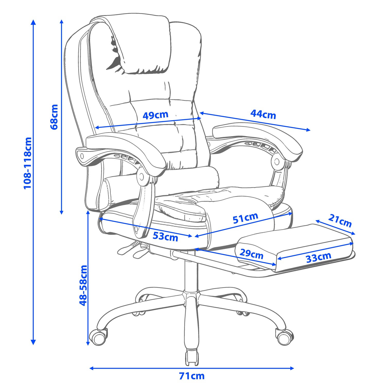 Computer chair with dimensions labeled on a white background