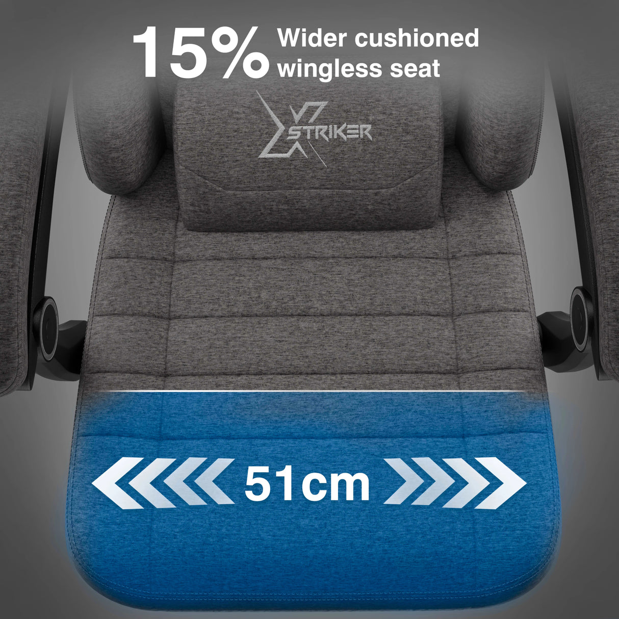 Grey chair seat with 'Xstriker' branding and text indicating a wider cushioned wingless seat.