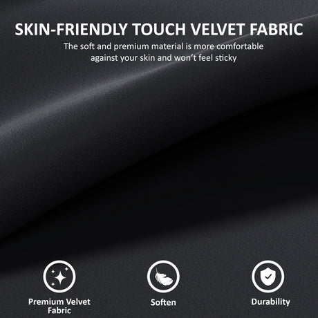 Black velvet fabric with text about skin-friendly touch and fabric properties.