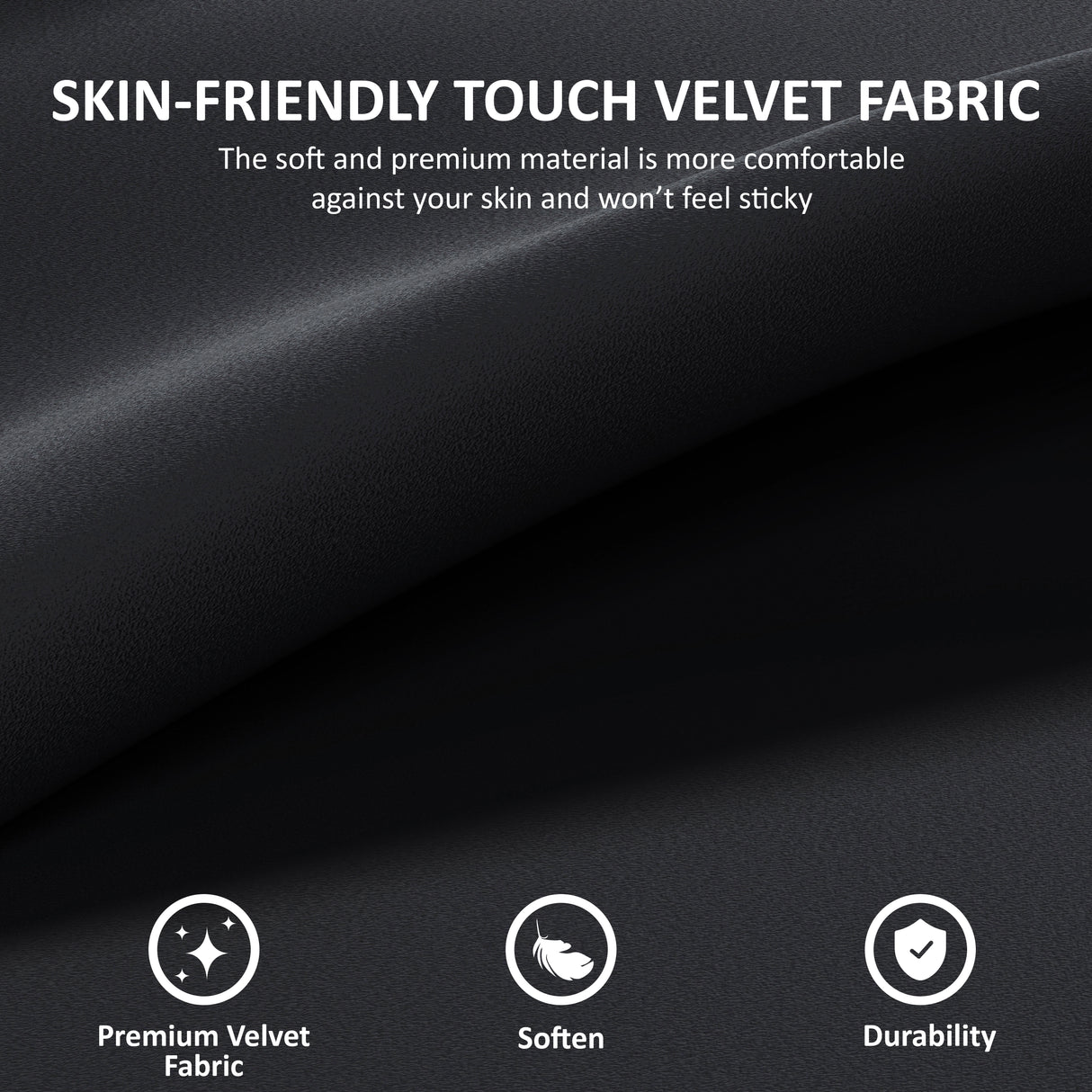 Black velvet fabric with text about skin-friendly touch and fabric properties.