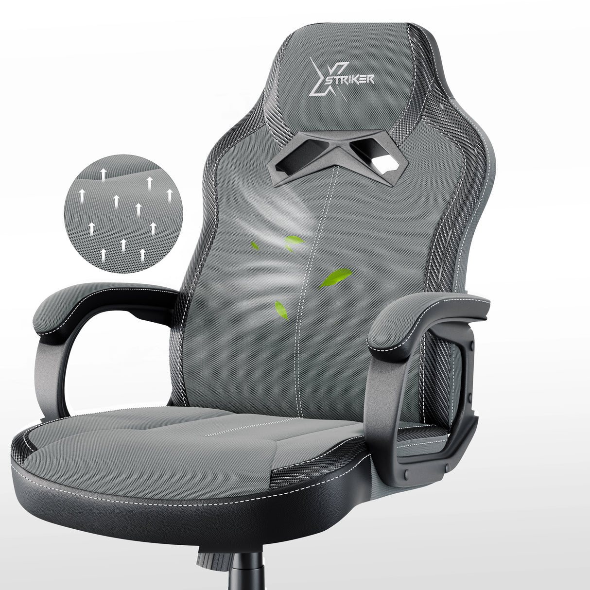 Xstriker Kids Gaming Chair in grey fabric with padded armrests and breathable sweat-proof material, ideal for home office or study desk setup.