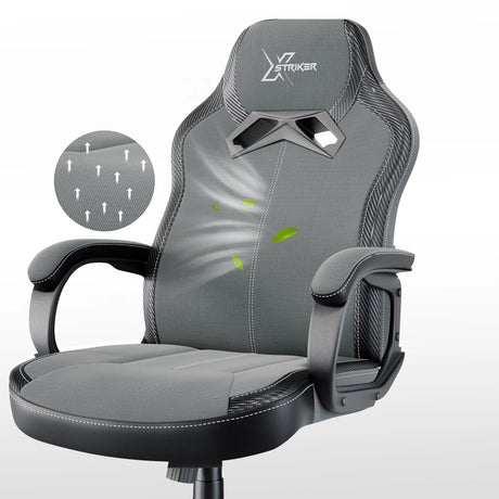 Xstriker Kids Gaming Chair in grey fabric with padded armrests and breathable sweat-proof material, ideal for home office or study desk setup.