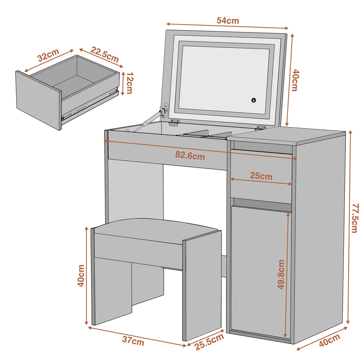 Dressing table with dimensions labeled on a white background