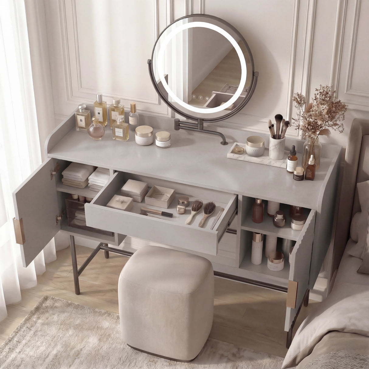 Grey vanity table with a round mirror, offering a minimalist design and convenient storage space for cosmetics