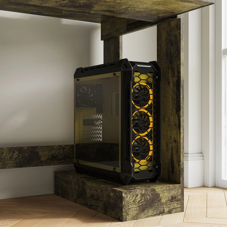 Home Office Computer Desk With Shelves For Working, Reading & Gaming featuring a rustic wood finish and a dedicated PC tower compartment with a gaming rig.