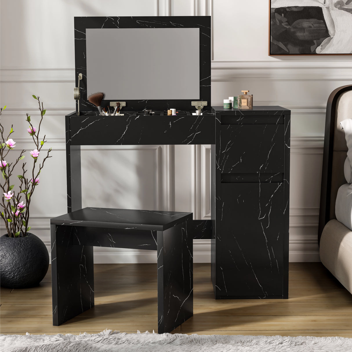 Modern black makeup dressing table with flip-up mirror, storage drawers, and matching stool in marble finish. Ideal for bedroom vanity setups.