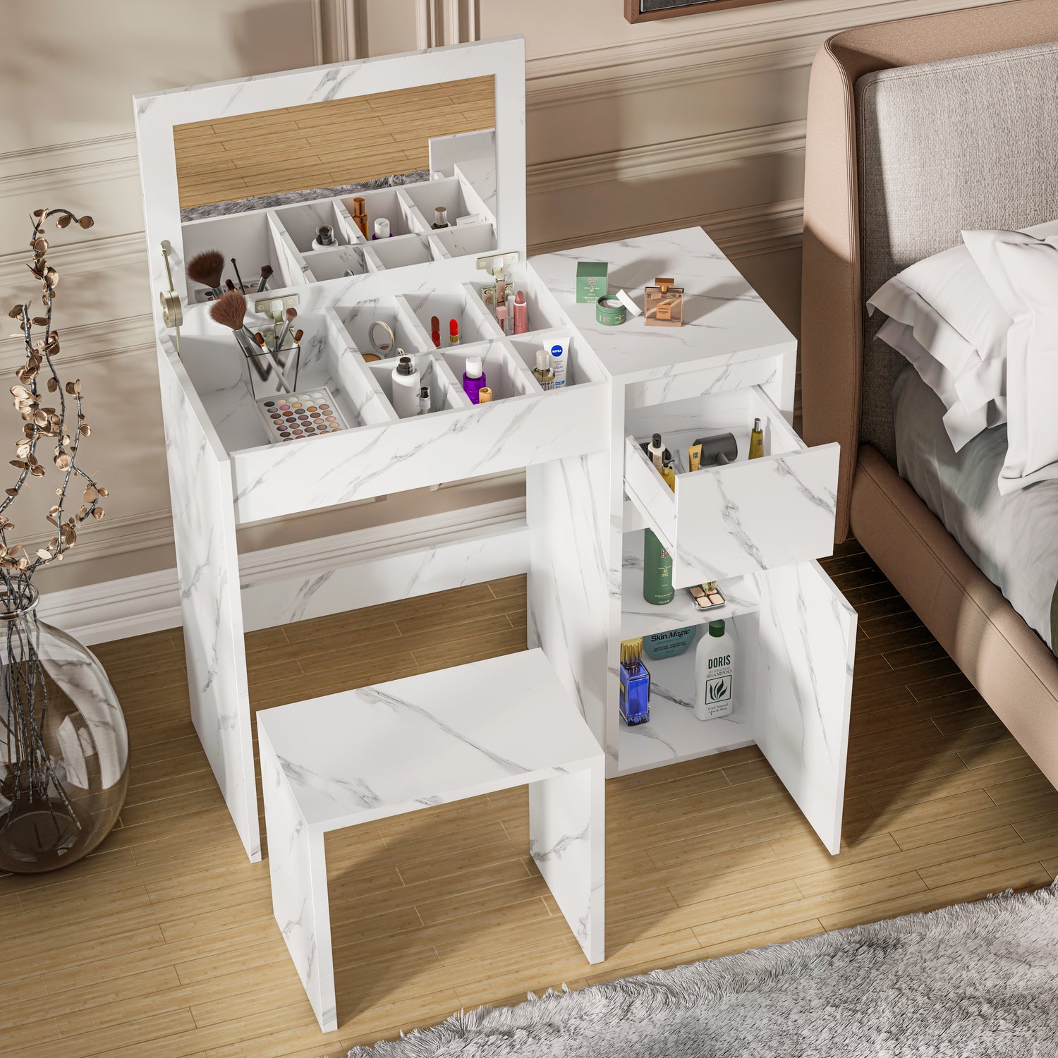 Modern white marble makeup dressing table with flip-up mirror, multiple storage sections, and matching stool beside a bed. Ideal for compact bedrooms.