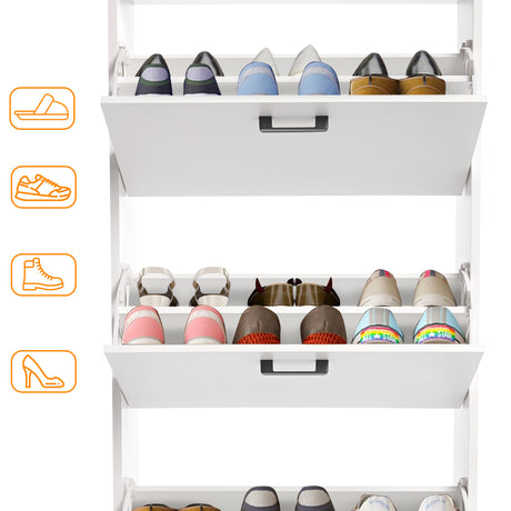 Hallway shoe storage cabinet with 3 open doors, showing various shoes including Crocs, slippers, boots, and wellies.