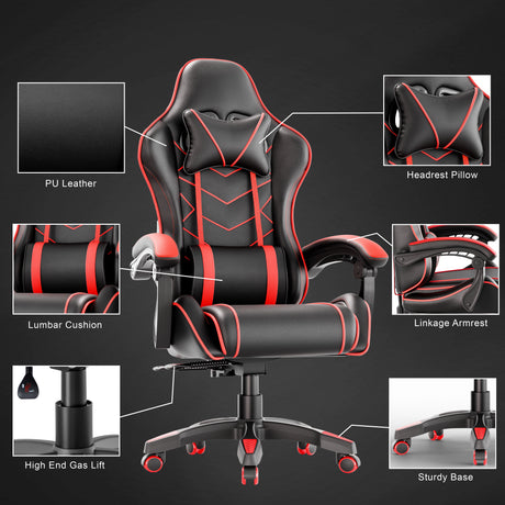 Ergonomic gaming chair with lumbar support and padded armrest in black and red PU leather, featuring headrest pillow, gas lift, and sturdy base.