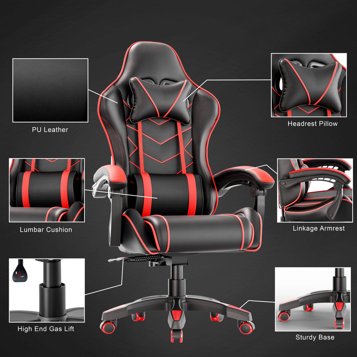 Ergonomic gaming chair with lumbar support and padded armrest in black and red PU leather, featuring headrest pillow, gas lift, and sturdy base.