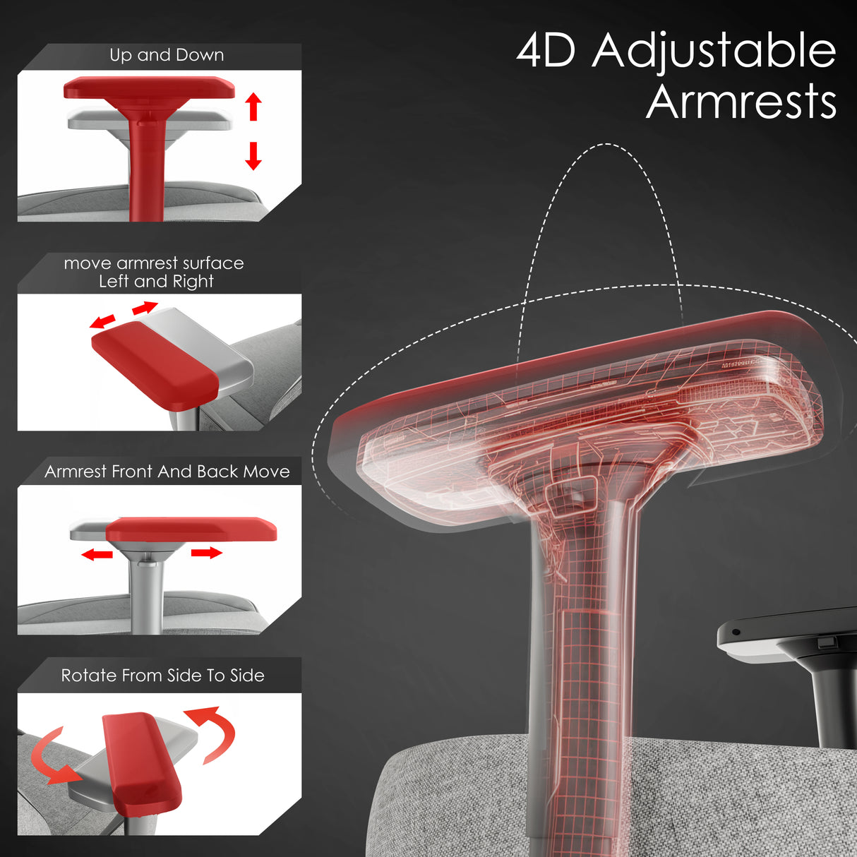Xstriker Ergonomic Fabric Recliner Gaming Chair With 4D Armrest For Adults showing adjustable armrest features including height, angle, and rotation. Ideal for gaming or office setups.