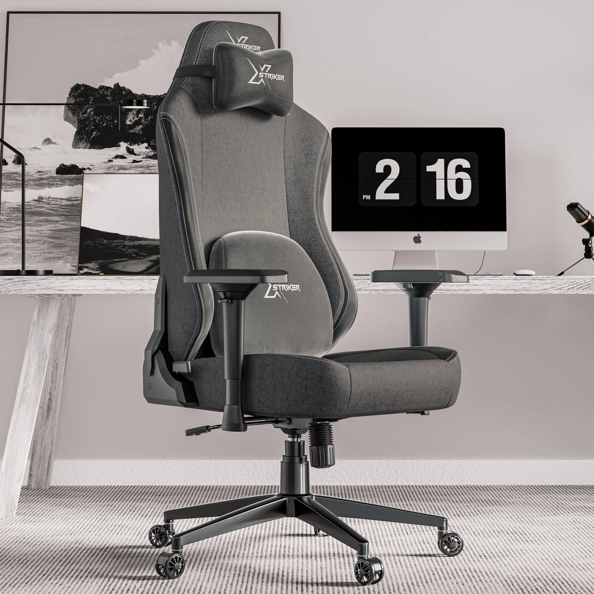 Xstriker Ergonomic Fabric Gaming Chair with 4D Armrest for Adults in a modern home office setup. Features adjustable support and sleek grey fabric.