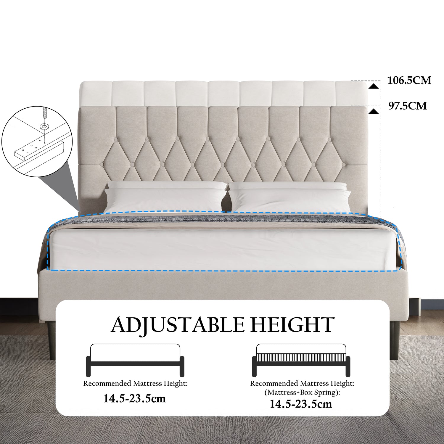 Velvet bed frame double & king size with adjustable headboard in beige, featuring tufted upholstery and height range of 97.5cm to 106.5cm. Ideal for mattresses 14.5–23.5cm thick.