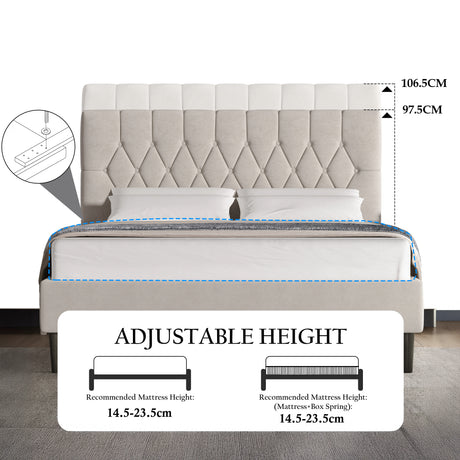Velvet bed frame double & king size with adjustable headboard in beige, featuring tufted upholstery and height range of 97.5cm to 106.5cm. Ideal for mattresses 14.5–23.5cm thick.