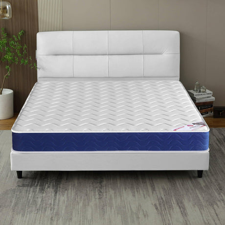 King size pocket sprung mattress with a modern quilted design, displayed on a stylish white bed