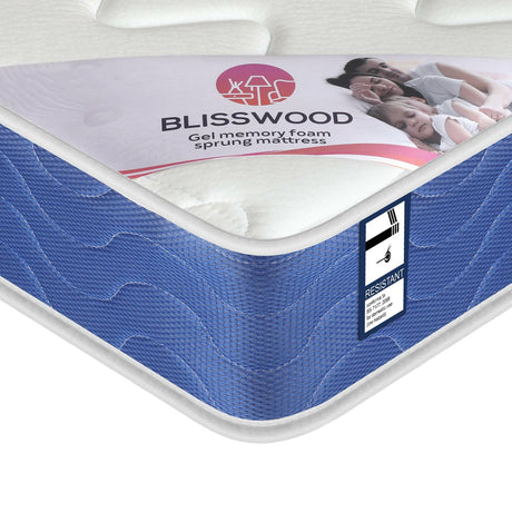 Gel memory foam sprung mattress with a blue fabric border and resistant label, designed.