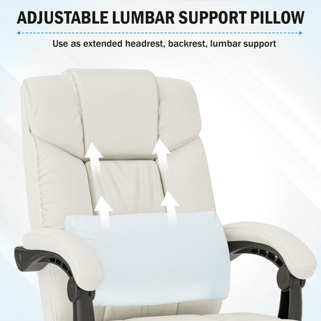 cream desk chair with lumbar support pillow shown beside home office table for comfortable seating setup