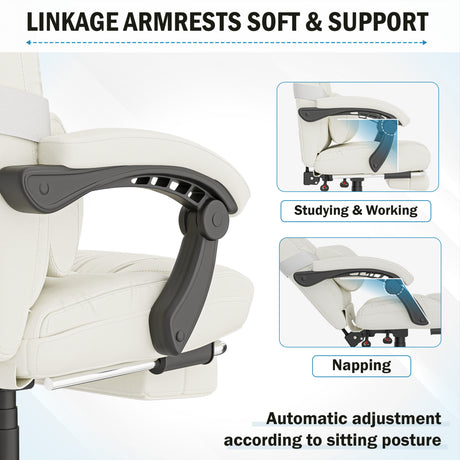 cream adjustable chair shown with moving armrests and inset demonstrating motion during recline and upright sitting