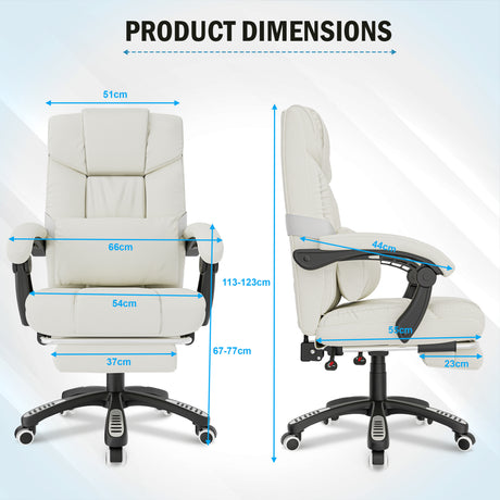 cream office chair with footrest of 23cm, 54cm seat width, 55cm depth, and padded backrest with lumbar support.