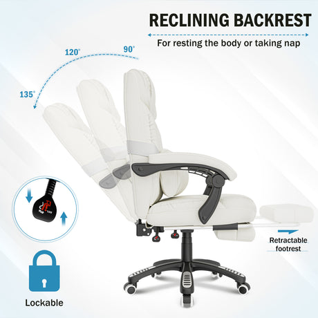 cream padded office chair shown reclining from 90 to 135° with footrest extended for extra comfort