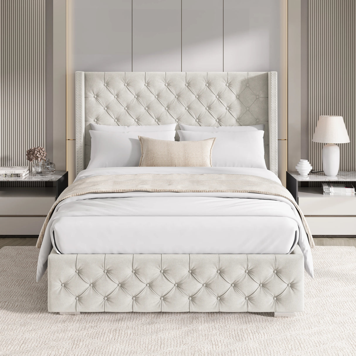 Cross Pattern Velvet Ottoman Storage Bed - Winged Bed Frame