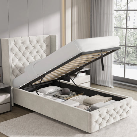 Beige single velvet ottoman bed with gas lift storage open, revealing spacious underbed storage and elegant tufted design.