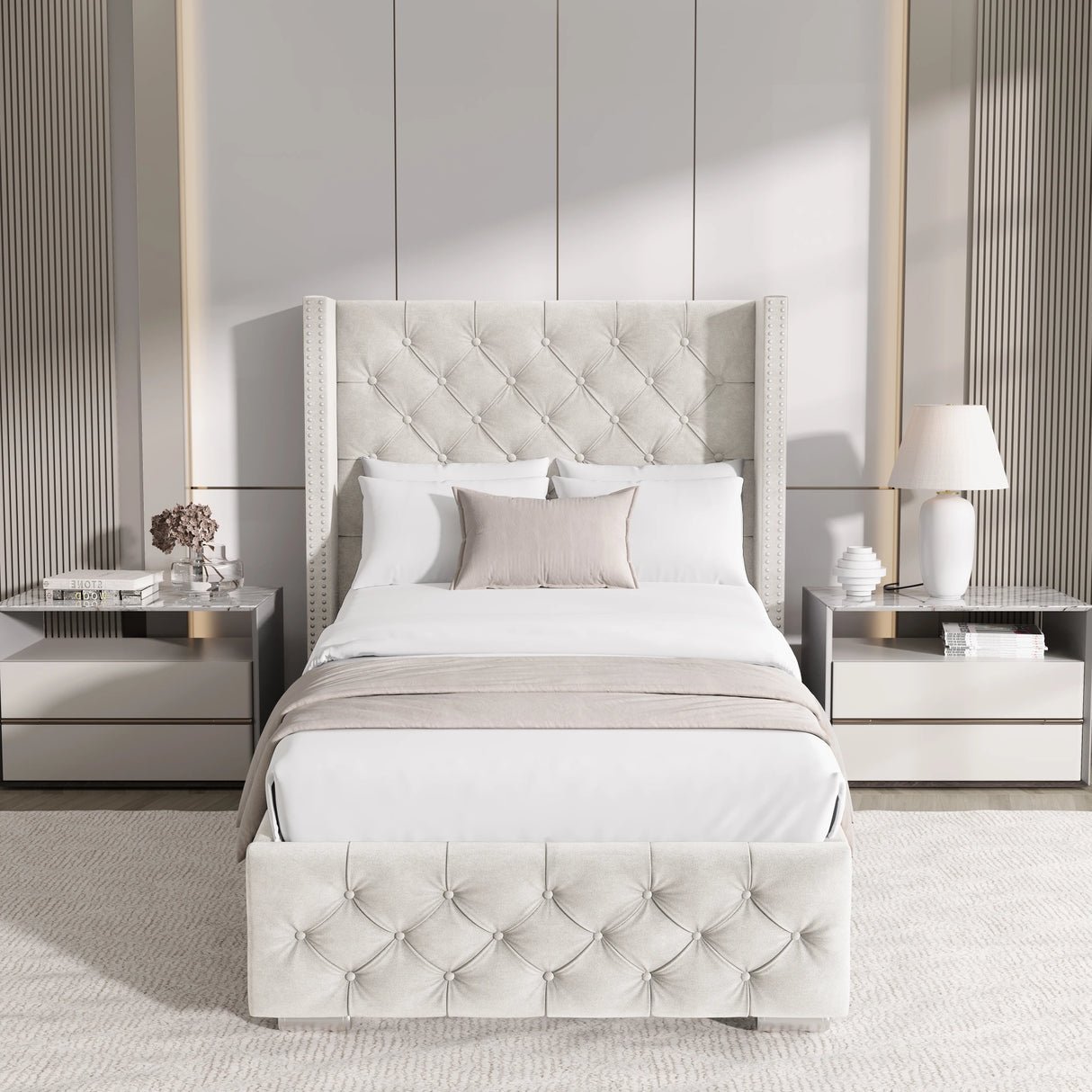 Front view of beige single velvet ottoman bed with tufted cross pattern and winged headboard in a modern setting.