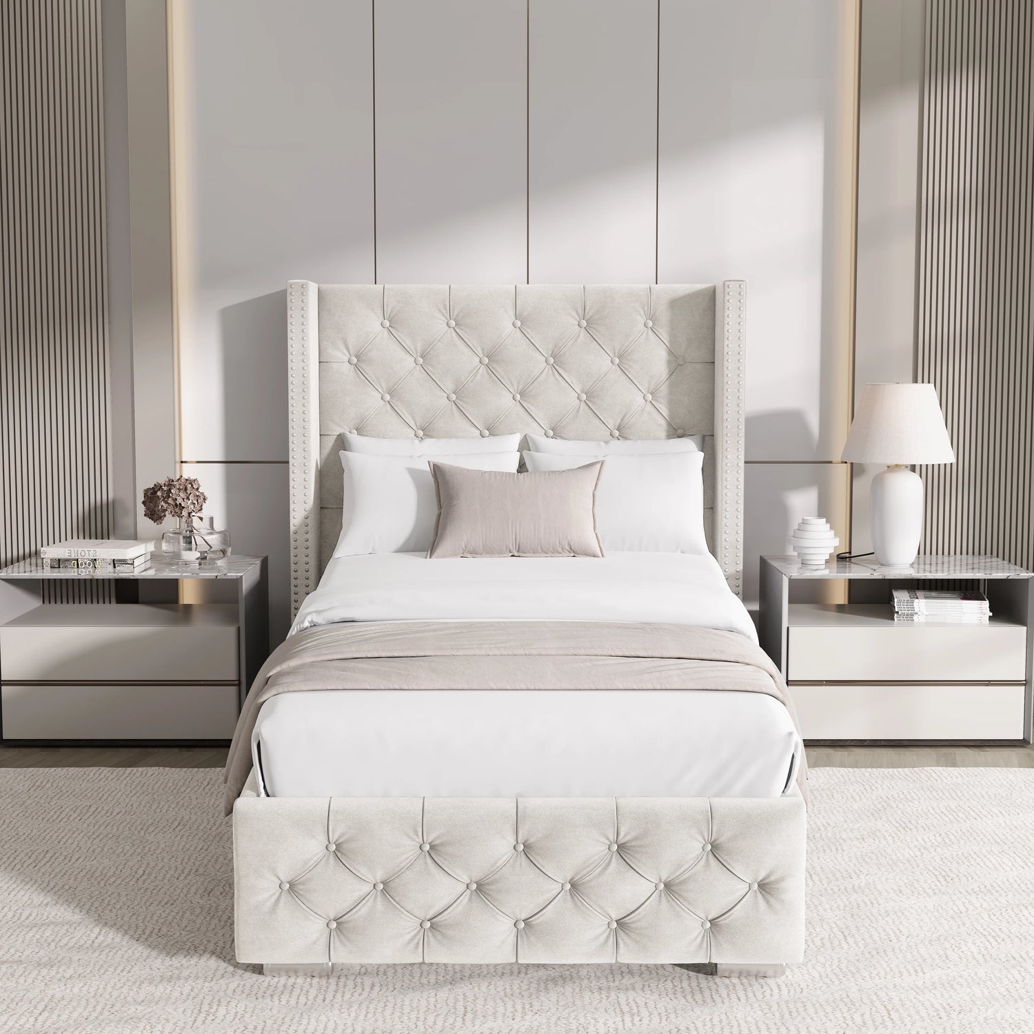 Front view of beige single velvet ottoman bed with tufted cross pattern and winged headboard in a modern setting.