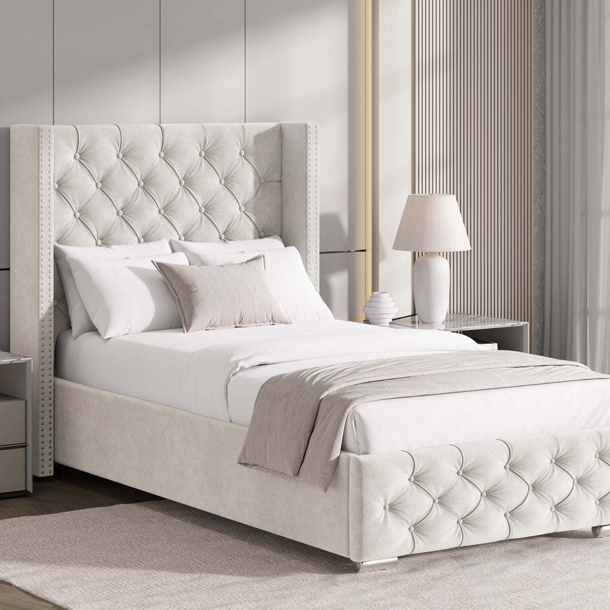 Single size beige velvet ottoman storage bed with cross pattern and winged headboard, styled in a neutral-toned bedroom.